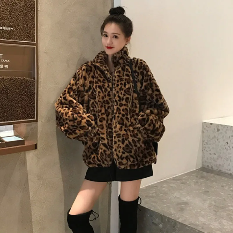Winter Jacket Women Chaqueta Vintage Leopard Stand Collar Zipper Outwear Lady Loose Fuzzy Coat Top Streetwear Female