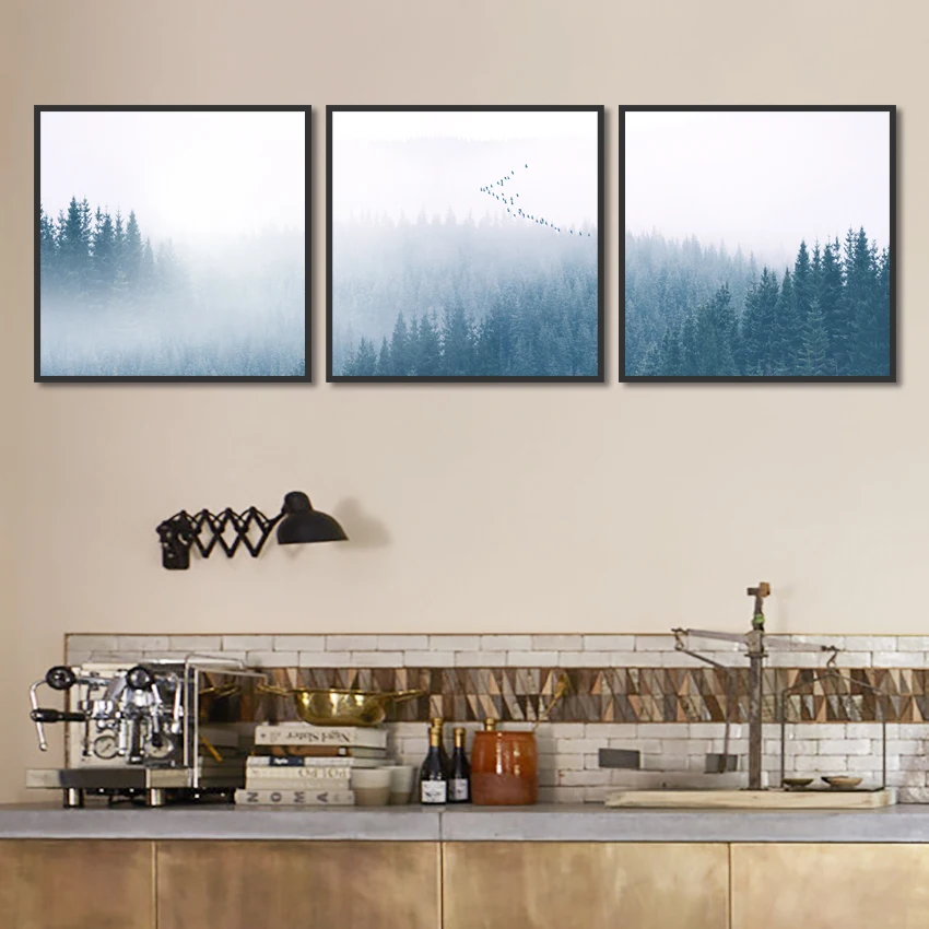 Nordic Стиль Плакаты Туманный лес Настенная картина с ландшафтом изображение для