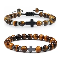hot men energy bracelets natural tiger eye stone black lava cross beads bracelet bangle adjustable women yoga jewelry pulseras