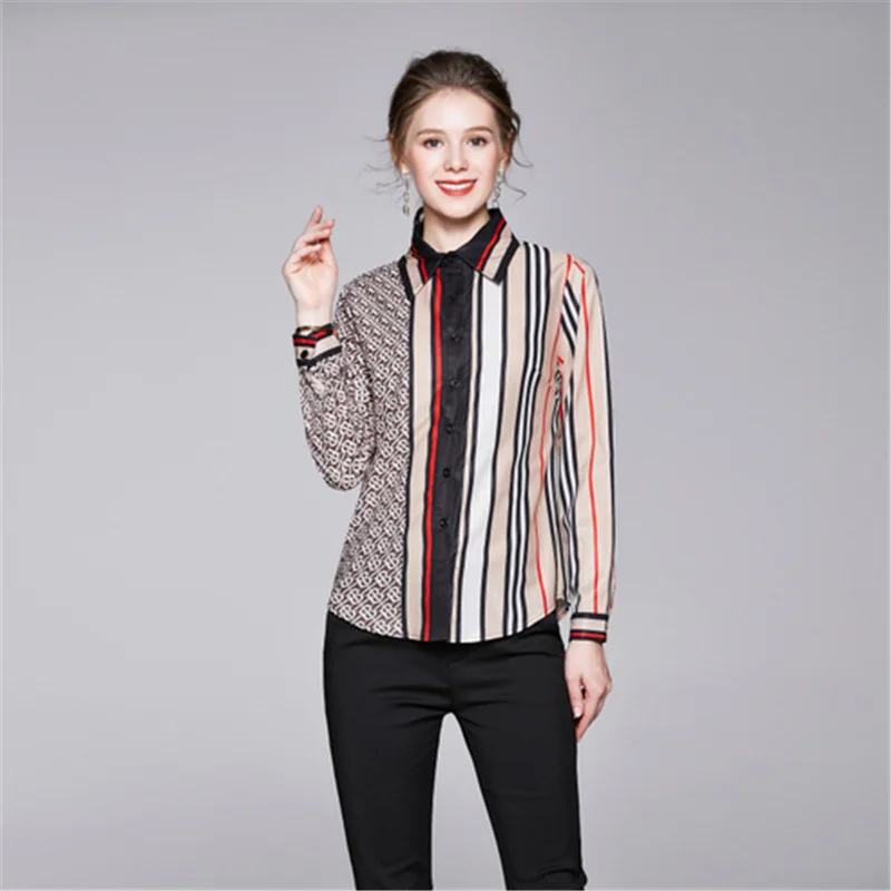 

2020 New Women's Positioning Stripe Shirt Long sleeve Lapel BlousShirt Slim Top T shirt