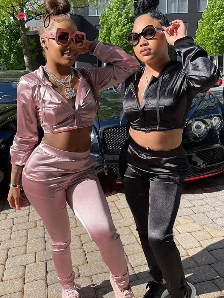 

Tossy Women Solid Hooded Cropped Top And High Waist Slim Long Pants 2 Pieces Set Sexy Femme Matching Sets Streetwear 2022 New