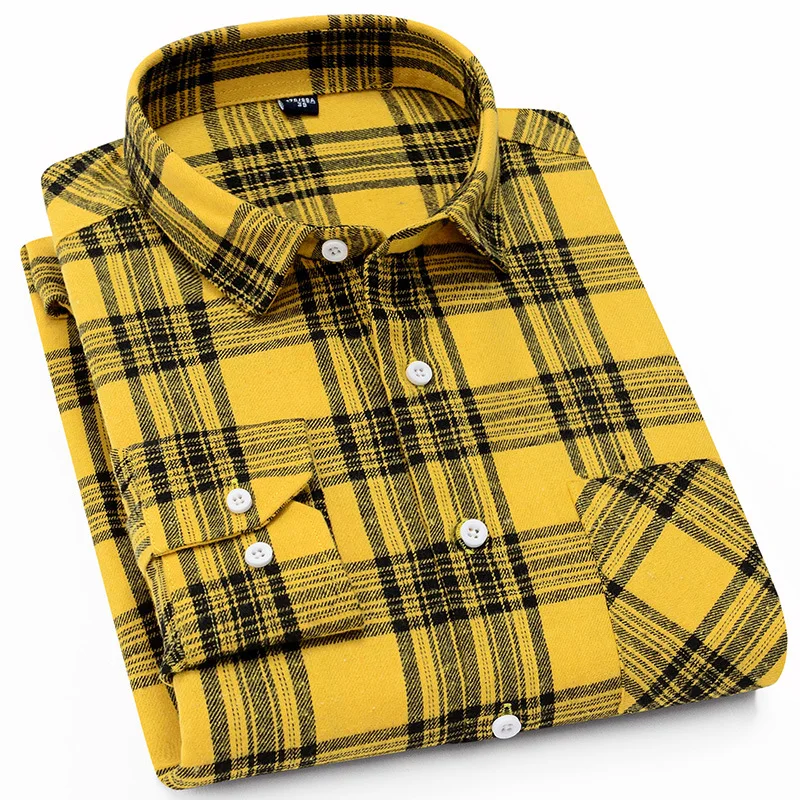 

Red Yellow Fashion Trend Flannel Plaid Casual Shirt For Men Regular Fit Buttons Youth Campus Style 2021 Spring Autumn New