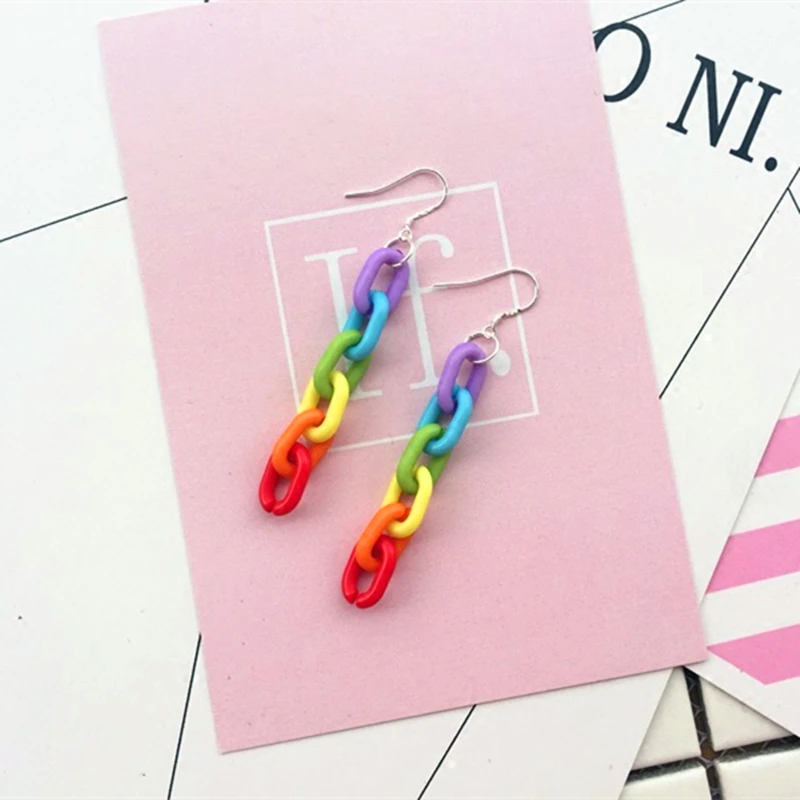 

DoreenBeads Link Drop Earrings For Women Pink Blue Gradient Rainbow Color Acrylic Tassel Fashion Exaggerated Jewelry Gift,1 Pair