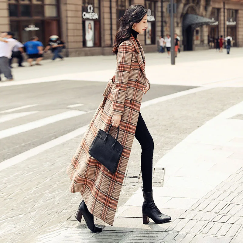 

Nizi coat 2020 new waist Lapel temperament large Plaid Wool Coat over knee length 5039
