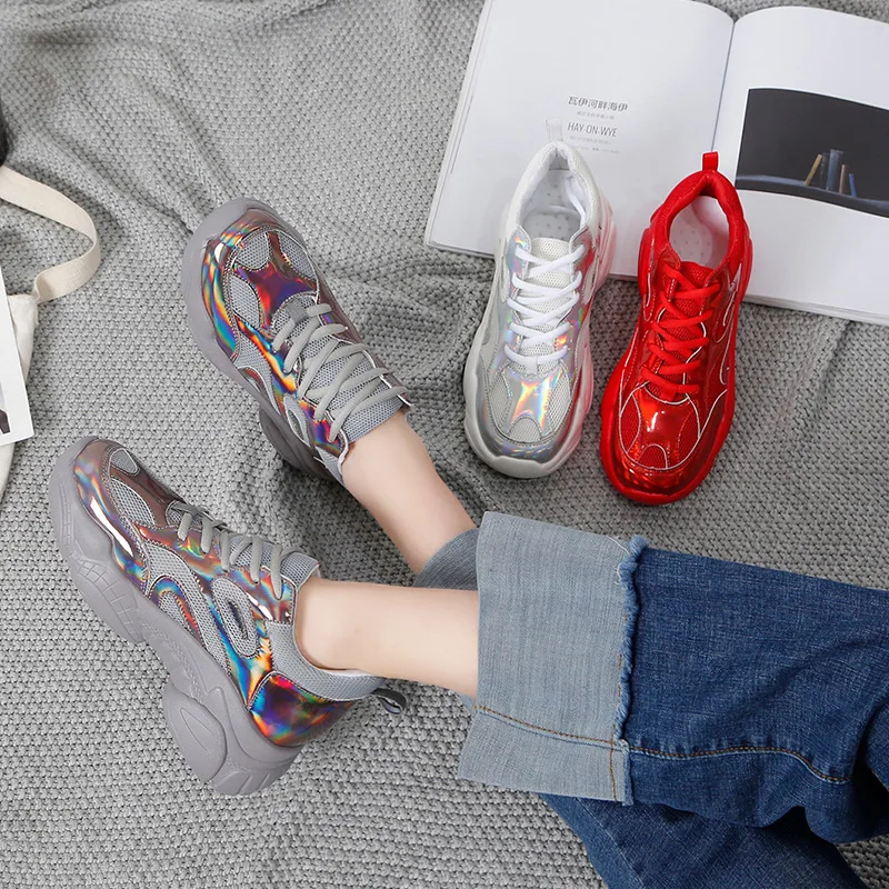 

New spring women sneakers shoes 2019 fashion Laser women casual shoes laces flat shoes platform autumn women shoes red A1-58