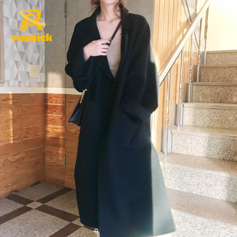 

ROENICK Women Elegant Solid Long Woolen Coats Batwing Long Sleeve Loose Shoulder Wool Blends Pocket Split Chic Stylish Jackets