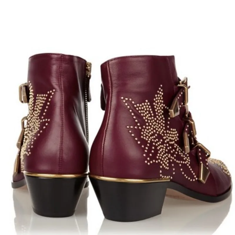 

High Quality Leather Rivet Boots Women Buckle Strap Thick Heel Ankle Shoes Designer Pointed Toe Motorcycle Boots Plus Size 44