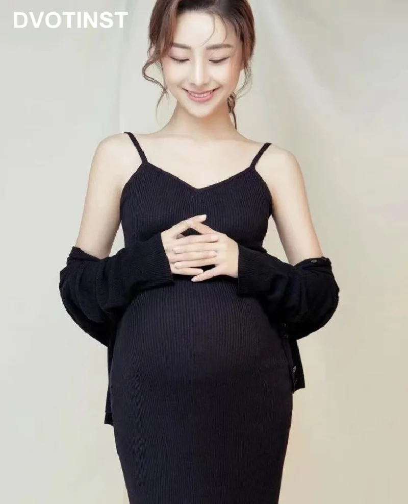 Dvotinst Women Photography Props Maternity V-neck Dresses Pregnancy Elegant Black Dress Cardigans 2pcs Studio Photoshoot Clothes enlarge