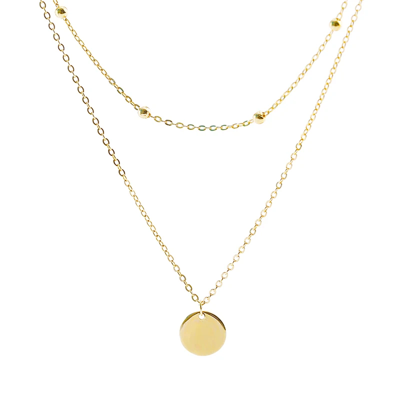 

S925 Stamp Silver Color Double Layer Round Disc Pendant Necklace Gold Color Bead Chain Charm Necklace For Women Jewelry S-N574