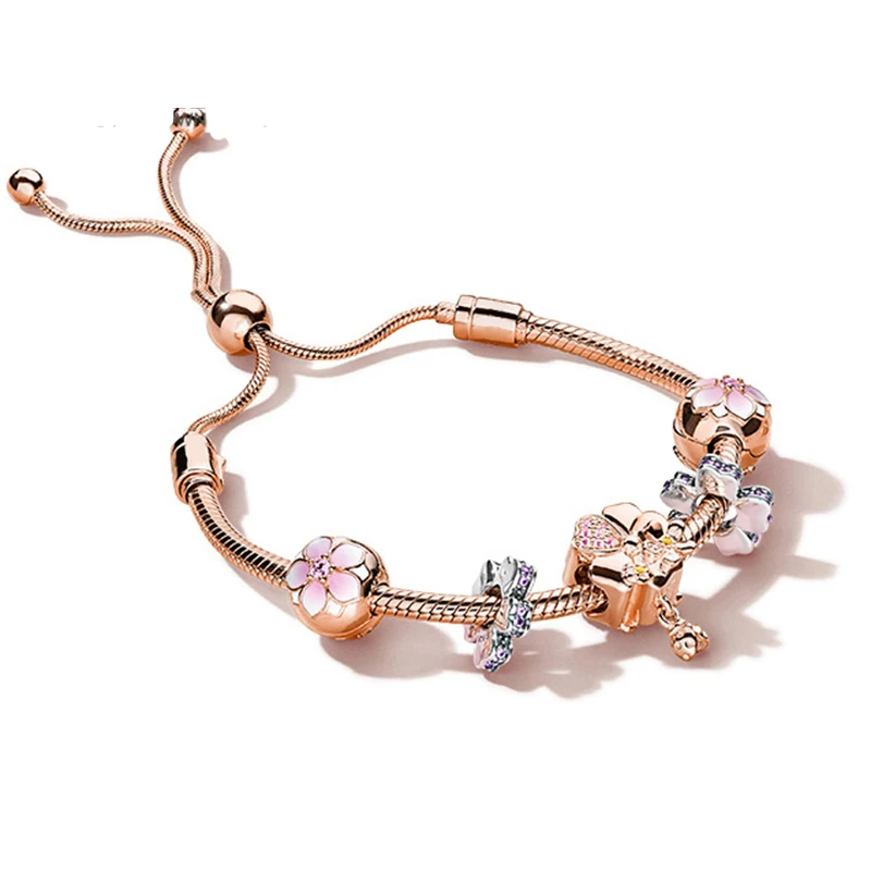 

NEW 100% 925 Sterling Silver Brand New Bracelet Set Magnolia Flower and Ever Blooming Charm Rose Gold Bracelet Set Elegant