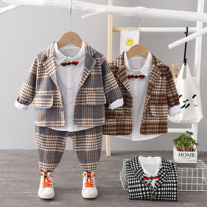 

2021 Autumn Winter Baby Boys Gentleman Plaid Clothing Set Kids Fashion Coat+Bowtie Shirt+ Pants 3PCS Suits Boys Formal Clothes