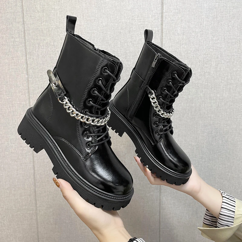 

Women's Zipper Round Head Ankle Boots 2021 Autumn New Fashtion Platform Metal Decoration Women's Casual Motorcycle Boots