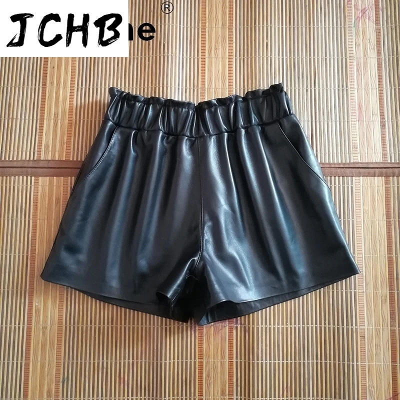 SHZQJCHB 2021 Women Trousers Real Sheepskin Women's Shorts Genuine Leather Shorts Female Clothing Spodnie Damskie TN2321