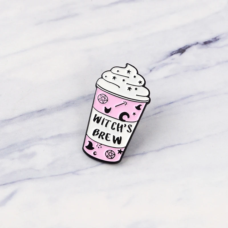 Розовый кружка Pin ведьмочки палочка шляпу пентаграмма Луна броши в виде ведьмы