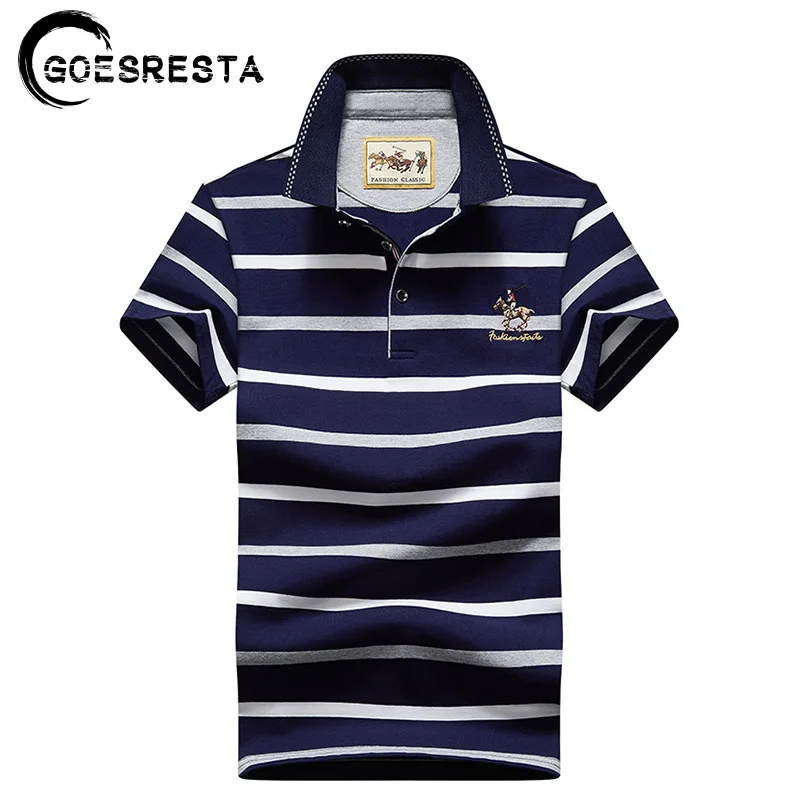 

GOESRESTA Brand Cotton Embroidery Polo Men 2021 Summer Stripe Short Sleeve Polo Shirt Men High Quality Fashion Casual Men's Polo