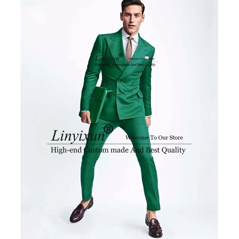 

2020 Latest Coat Pant Designs Green Men Wedding Suit Slim Fit 2 Piece Double Breasted Tuxedo Custom Groom Prom Blazer Masculino