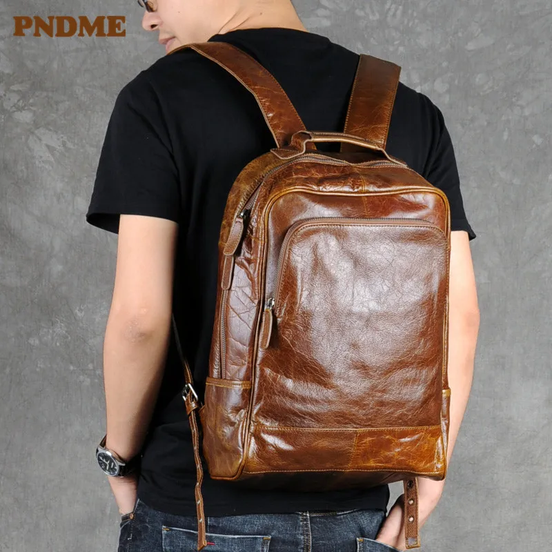 PNDME fashion vintage genuine leather men's backpack business luxury real cowhide laptop backpack travel large capacity bookbag