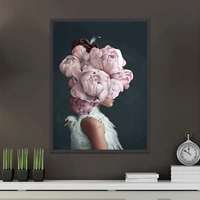 abstract wall art print pink flowers bird and girl head poster canvas painting pictures home decoration scandinavian unstretched