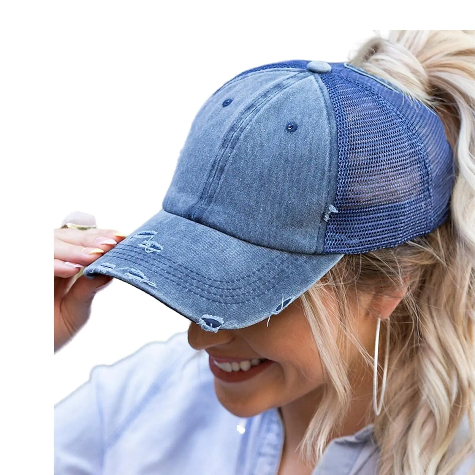 

2022 New Women Ponytail High Messy Bun Hat Distressed Baseball Caps Unconstructed Washed Dad Hats Girls Trucker Ponycaps