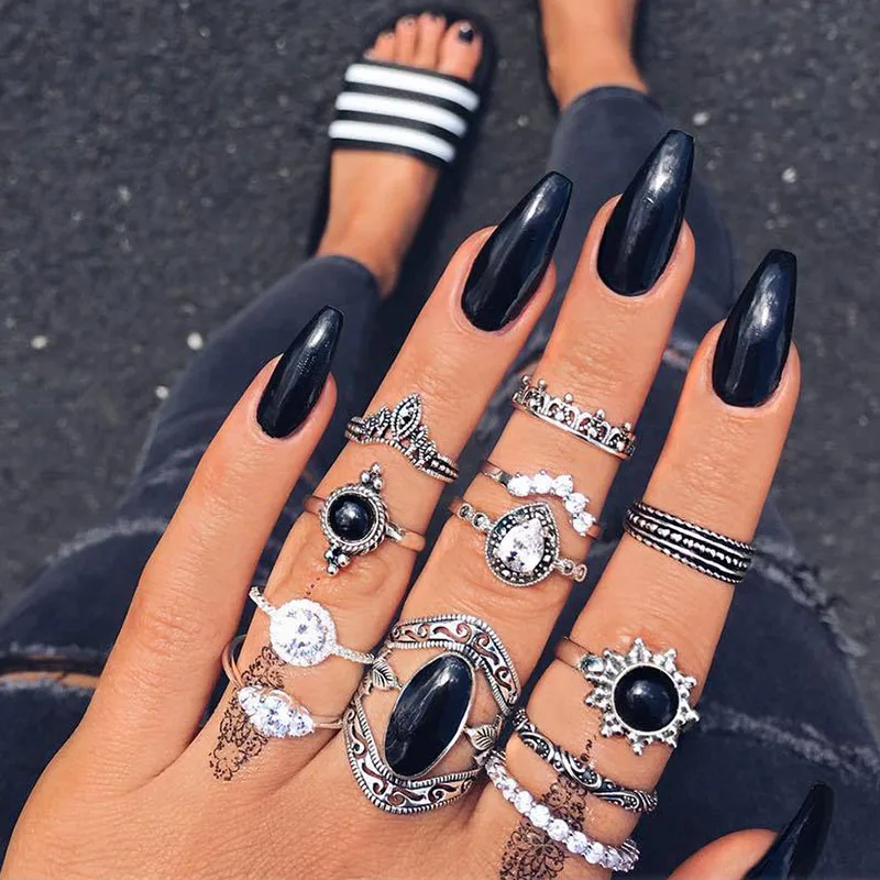 

12 Pcs/set Silver Color Crystal Finger Ring Set For Women Ladies Wedding Engagement Band Accessories