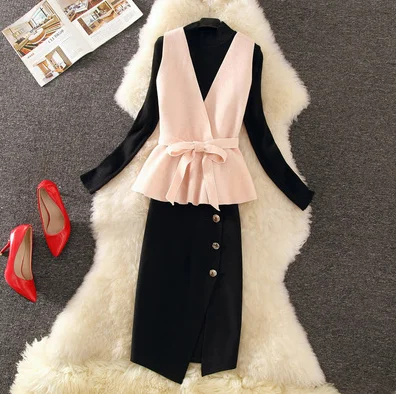 pink Neploe женские осенние костюмы из 3 предметов тонкий пуловер трикотаж+ шерстяные пояса v-образным вырезом жилет+ пуговицы Сплит юбка модный элегантный костюм 55144 - Цвет: pink