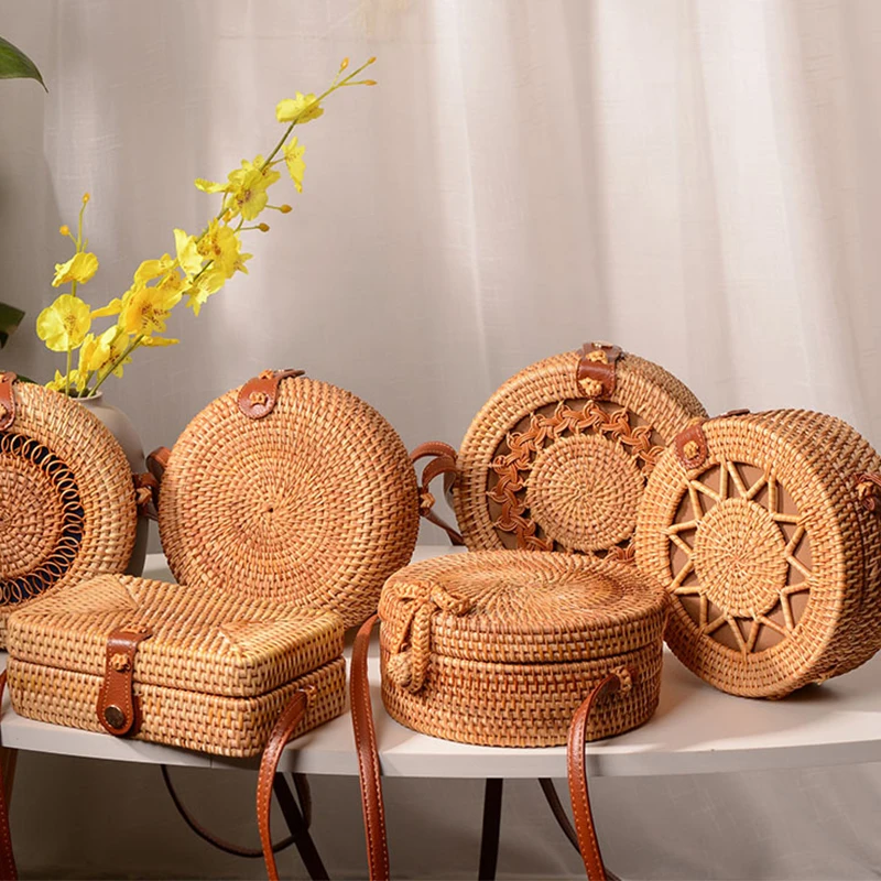 Плетеная Сумка из ротанга круглая соломенная сумка на плечо маленькие пляжные