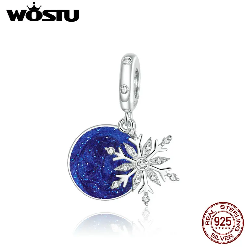 

WOSTU 925 Sterling Silver Snowflakes Dangle Charm Zircon Blue Enamel Bead Fit Original Bracelet Necklace Pendant Jewelry CTC367