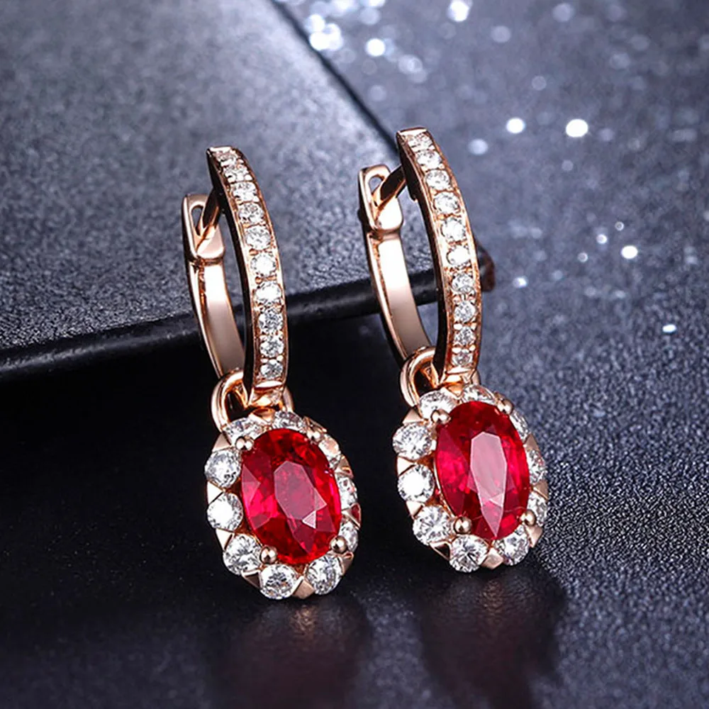 

Fashion Red Crystal Ruby Gemstones Diamonds Clip Hoop Drop Earrings for Women Rose Gold Color Jewelry Bijoux Brincos Accessories