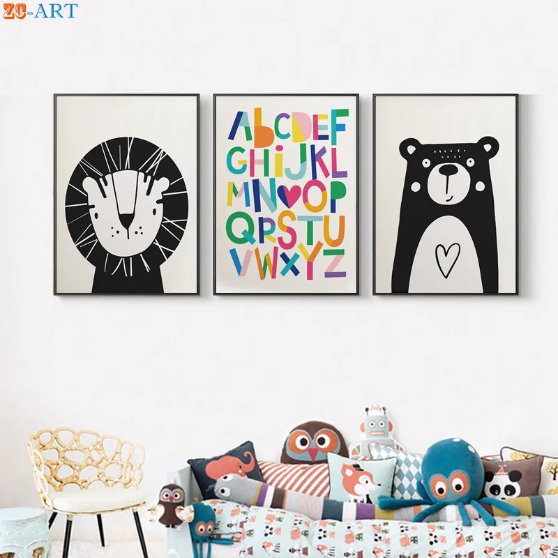 Букв алфавита и медведя Лев животных Печать мультфильм плакат холст картины