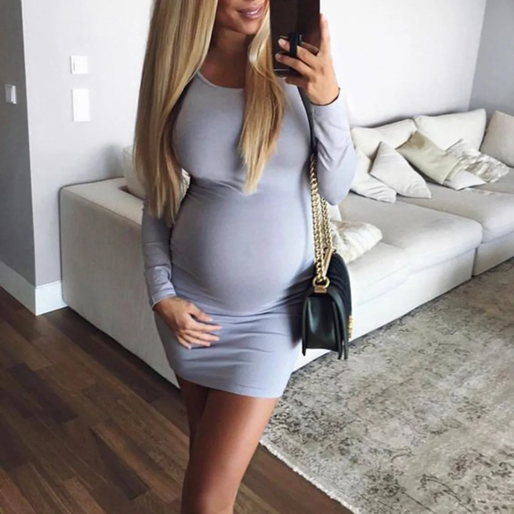 Пикантное осеннее платье для беременных женщин с круглым вырезом и длинным