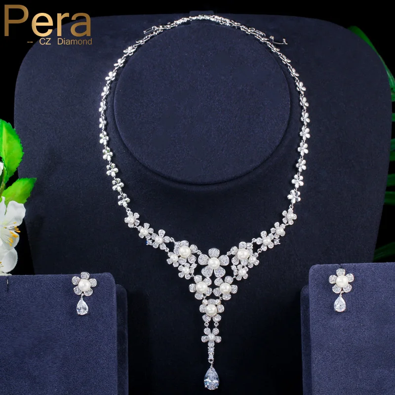 

Pera Romantic Women Long Flower Pearl Drop Jewelry Sets Bridal Elegant White Cubic Zircon Earrings Necklaces for Engagement J281