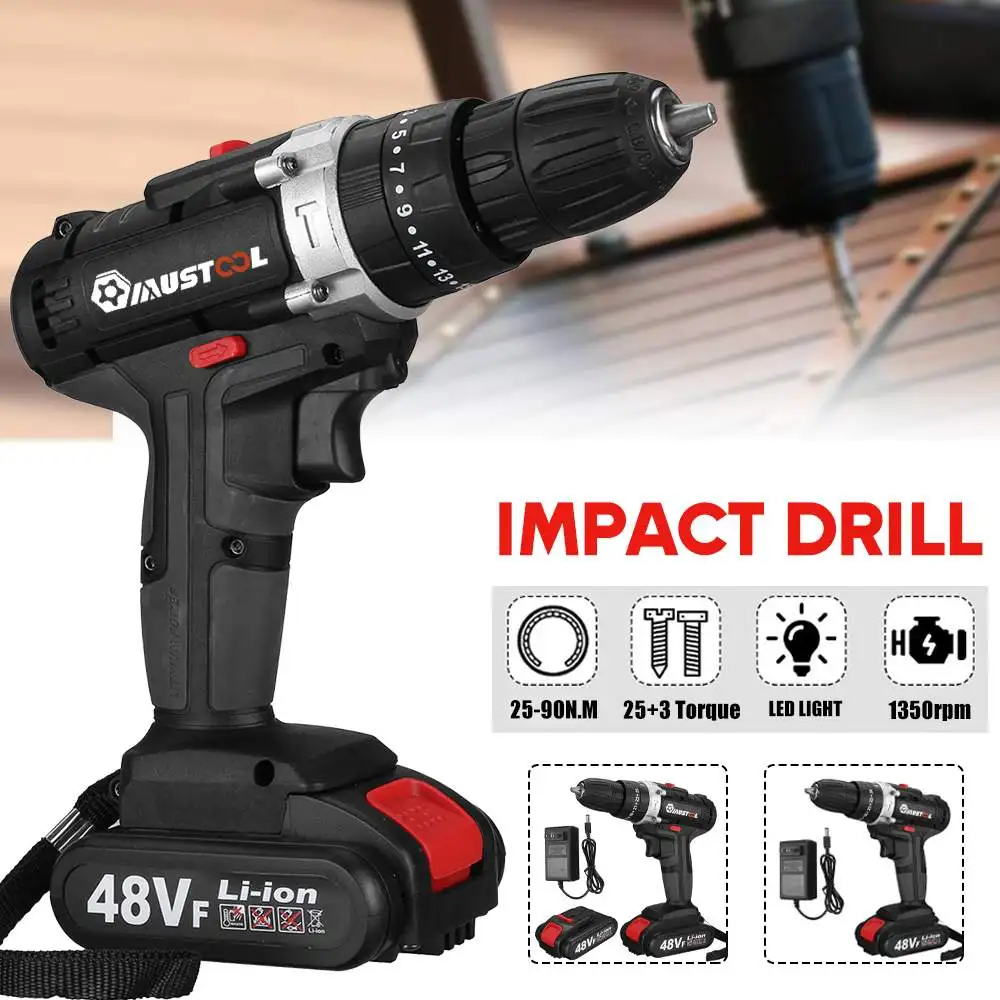 

48VF 3 in 1 Cordless Impact Drill Wireless Electric Screwdriver 25+3 Torque Electric Hammer Drill Li-ion Battery Power Tools