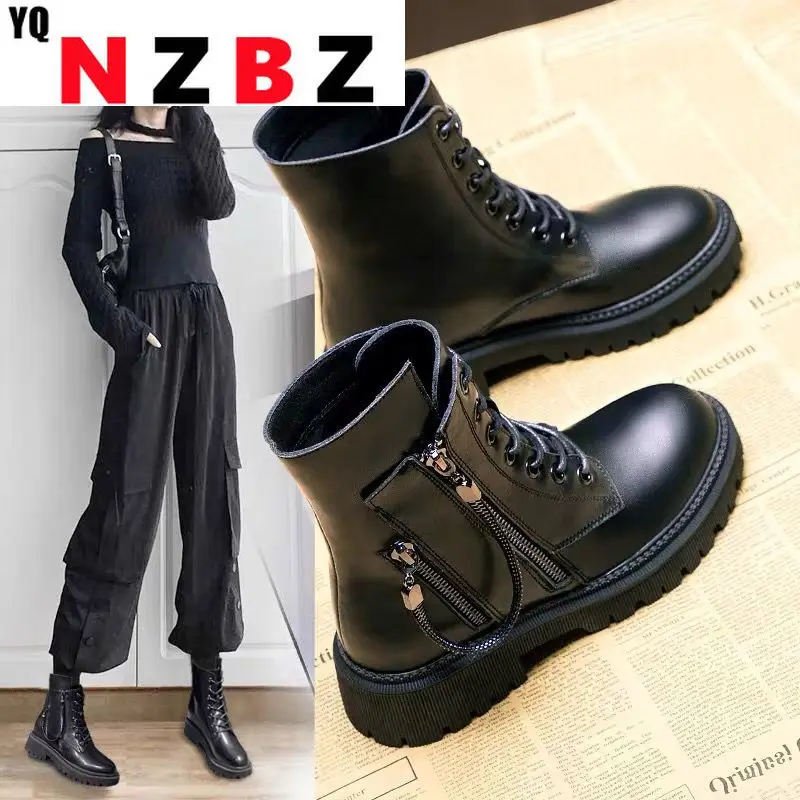

New Autumn and Winter Leather Women Boots Female British Style Fashion Net Red Thick Heel and Velvet Short Boots booties woman