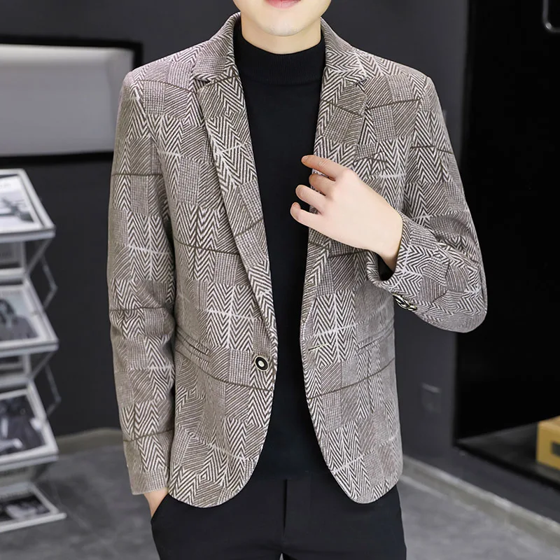 Мужской клетчатый шерстяной Блейзер приталенный Молодежный Повседневный на