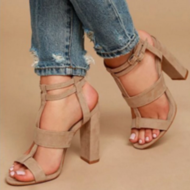 

Size35-43 Women High Heels Design Cross Strap Bandage Summer Sandals Shoes Lady Party Sexy Square Heels Ankle Strap Flock Sandal