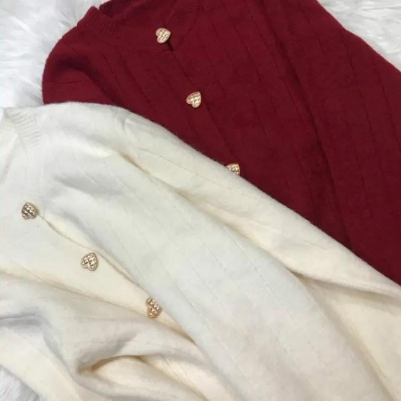 

Cardigan Women O-Neck Long Sleeve Solid Chic Striped Knitted Elegant Love-shaped Button Autumn Fashion Ulzzang Retro Harajuku