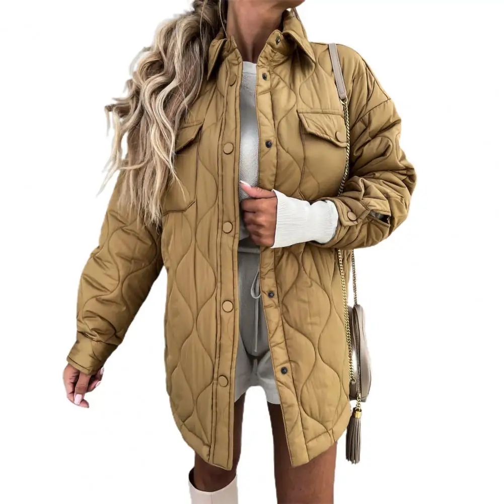 

Women Jacket Single-breasted Keep Warm Stitched Pattern Solid Color Turn Down Collar Coat for Outdoor