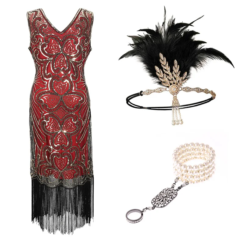 red gold set -a Женские 1920s Гэтсби Хлопушки бахрома платье V шеи бисером блесток платье(розовый/черный/красный/Абрикосовый) S-XXL - Цвет: red gold set -a