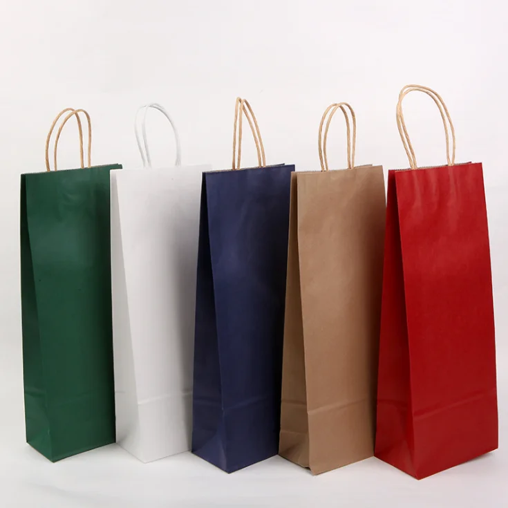 10pcs/lot Solid Wine Paper Bag with handle Gift Packing Box Single Bottle Bag Portable Wine Oil Bottle Carrier Package