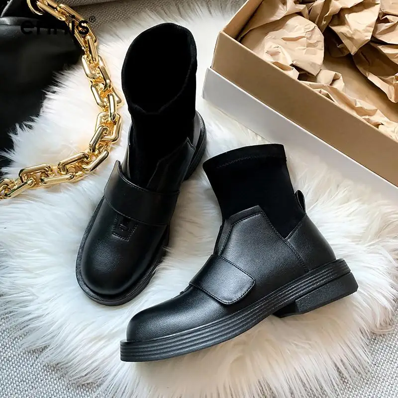 

Женские ботильоны на плоской подошве ENNIS, черные брендовые дизайнерские ботинки из натуральной кожи на платформе с круглым носком, Осень-зи...