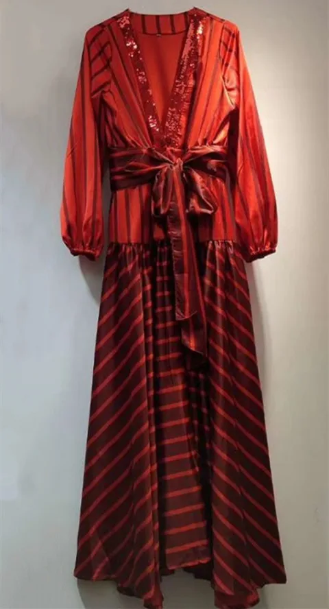 

TVVOVVIN Dress V-neck Women Lantern Sleeve Bandage Red Vintage Dresses Women Long Sleeve Split Long Striped Dresses 2020 New XPL