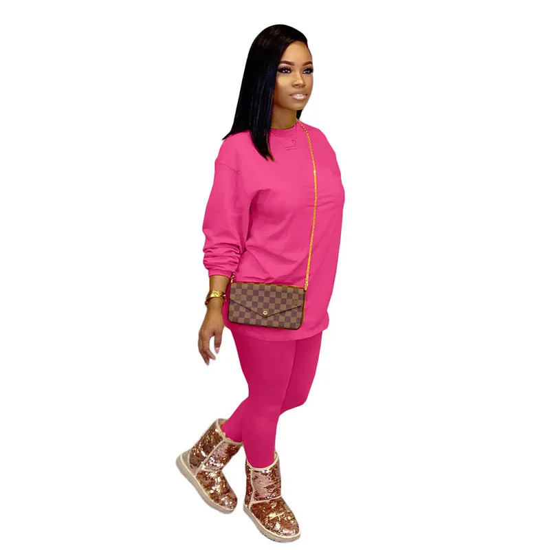 

2021 Spring Casual Plus Size Suit Solid Color Sweatshirt Trousers 2-piece Set Women's Round Neck Thick Casual Sweater Suit