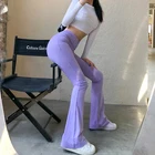 Фиолетовые женские брюки с высокой талией, расклешенные брюки, облегающие эластичные трикотажные уличные штаны в Вертикальную Полоску, шикарные брюки для женщин