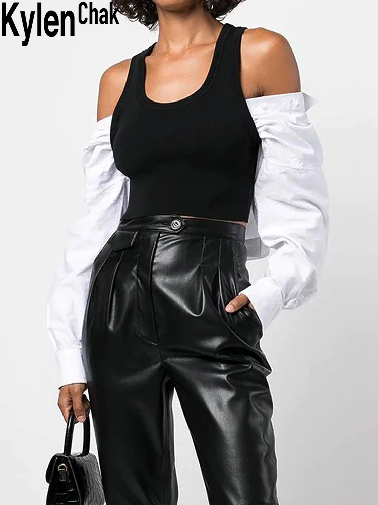 

Off-Shoulder Fake Two-Piece Shirt Sleeves Stitching Needle Thread Knit Vest Top 2021 Fall Women's Clothing Casual Streetwear