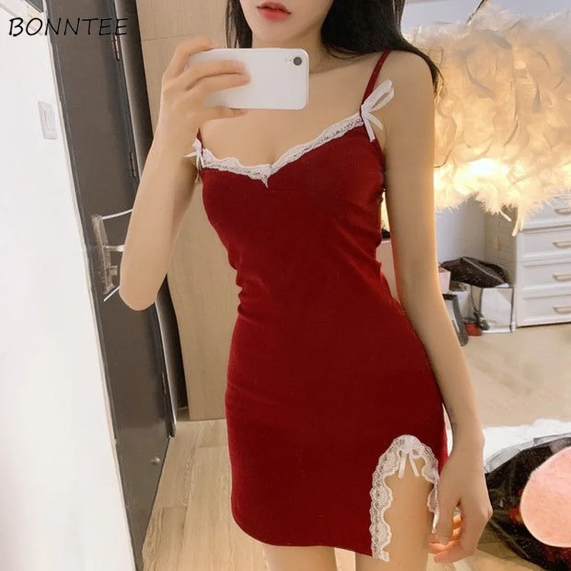 

Women Nightgowns Patchwork Lace Side-slit Spaghetti Strap Sleeveless Sleepshirts Female Summer Mini Sleepwear Korean Style Chic
