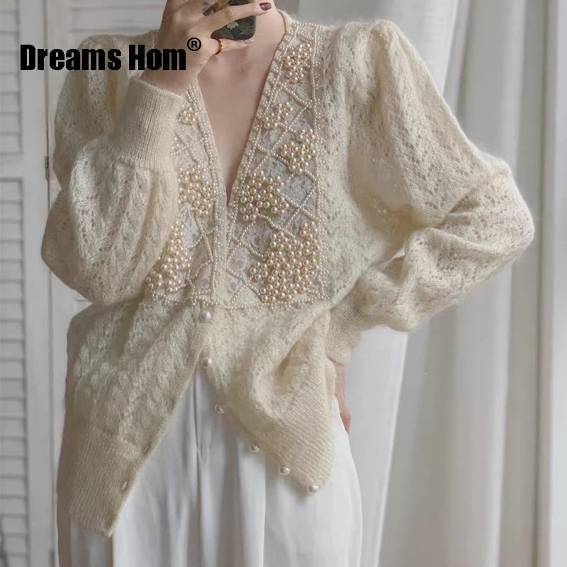 

Женский свободный свитер, винтажная Милая однобортная блузка с ажурным жемчугом, повседневные топы, дикий вязаный кардиган на осень