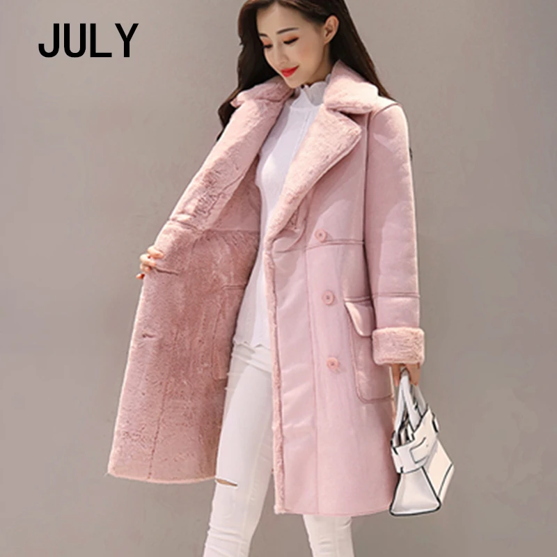 JULY/зимние женские шубы из искусственной замши; кожаные куртки; большие размеры; Свободное пальто; куртки средней длины из искусственной кожи; овечья шерсть; пальто; размер XS-2XL