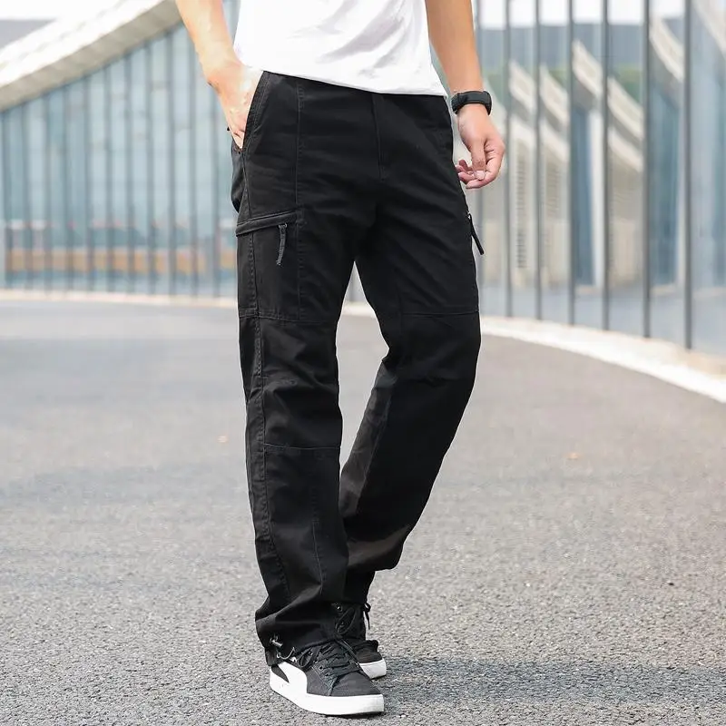 Casual tracksuit pants multi-pocket footband overalls men's fashion handsome military training running pants