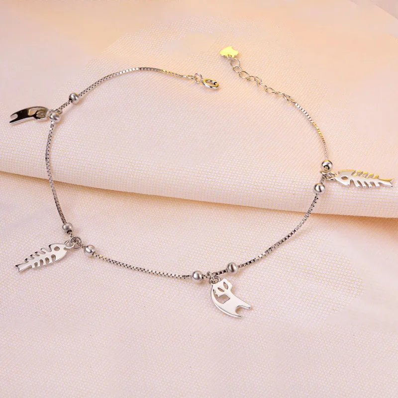 

Leg Chain Female 925 Sterling Silver Anklet Simple Cat Fish Bone Girl Cute Beach Accessories Fashion Jewelry Bracelets For Feet