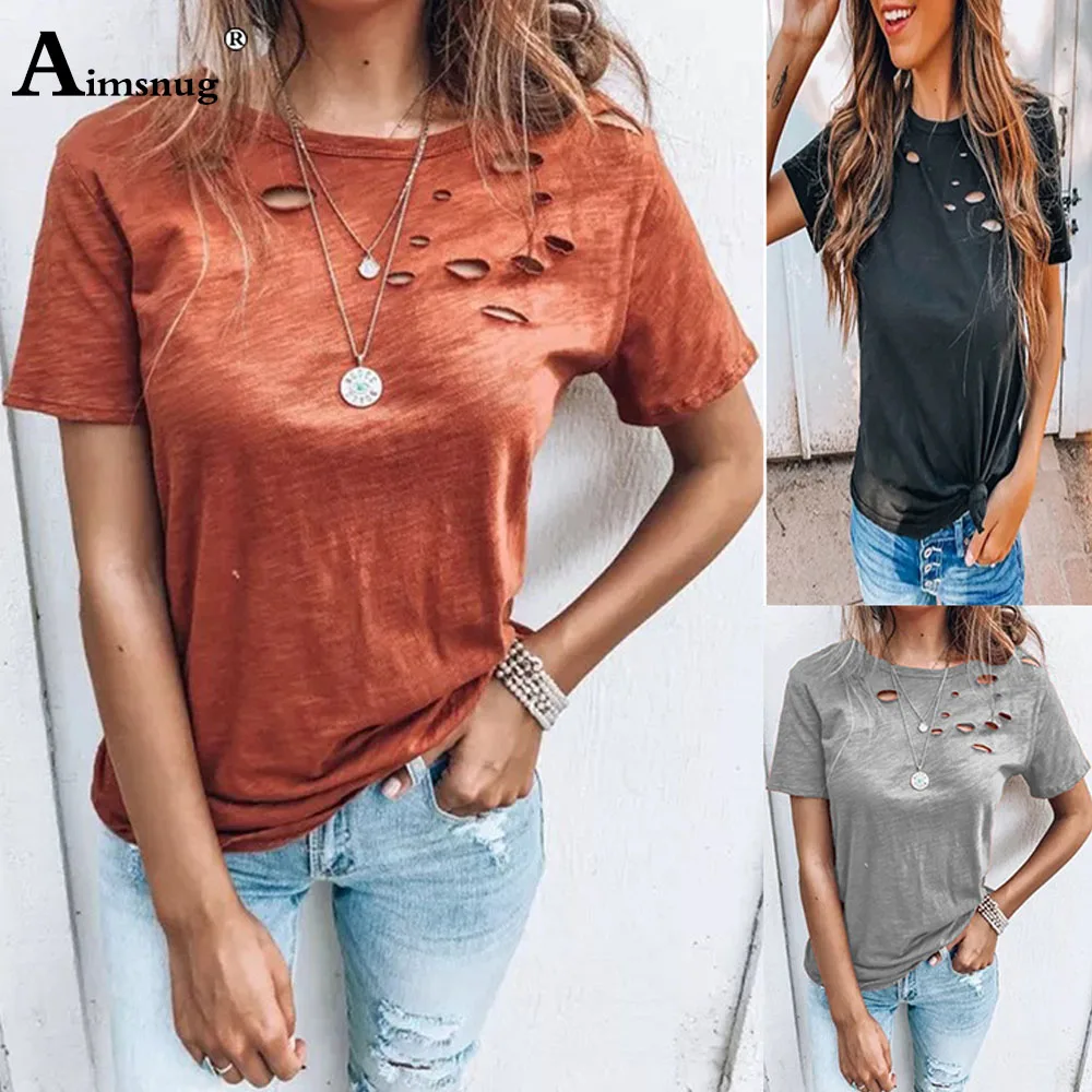 

2021 New Summer Women New Hole Ripped Tops Plus Size 3XL Ladies Round Neck Short Sleeve T-Shirt Casual Loose Female Tees Shirt